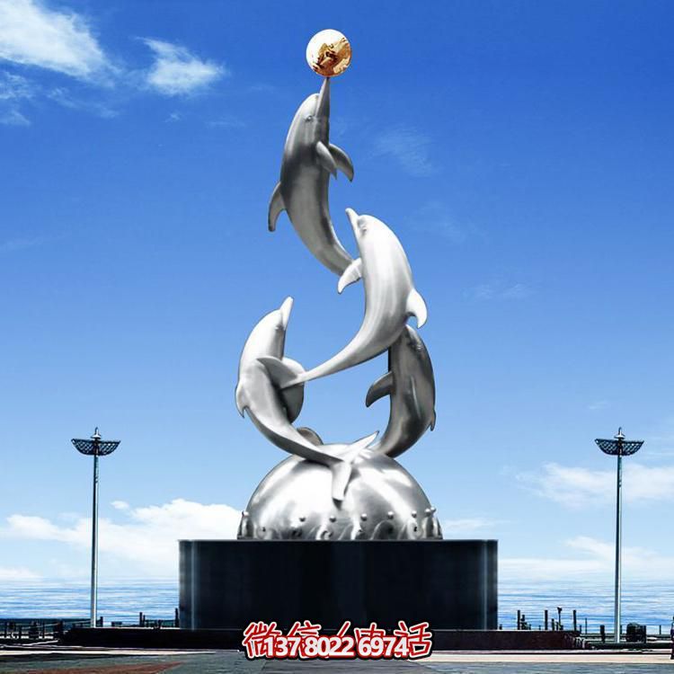 城市廣場不銹鋼海豚雕塑擺件，鏡面制作精美