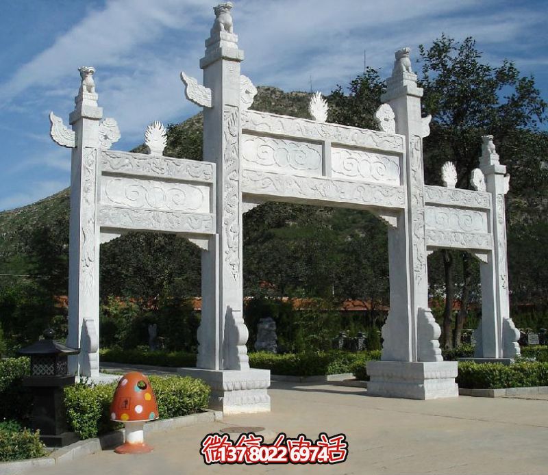 精致園林景觀，漢白玉華表浮雕祥云門樓石牌坊