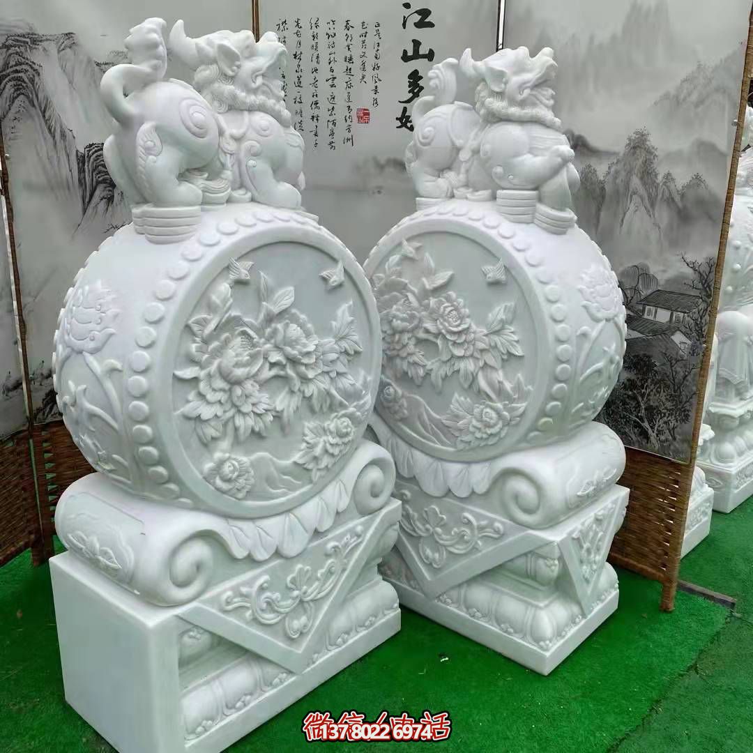 天然優(yōu)質(zhì)漢白玉浮雕麒麟抱鼓石，裝點(diǎn)你的庭院門(mén)口