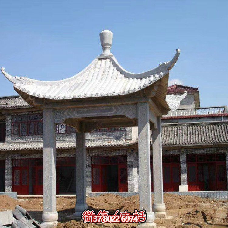 古雅紅晚霞，別墅園林石涼亭石雕長廊