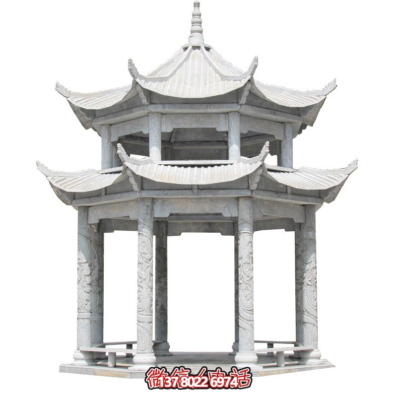 精美大理石雙層柱涼亭，雕塑點(diǎn)綴休息亭