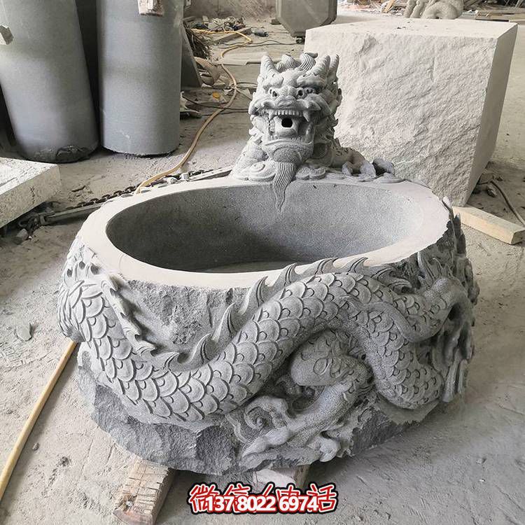 仿古石缸水缸青石龍形浮雕雕塑，為您的庭院增添一抹古樸