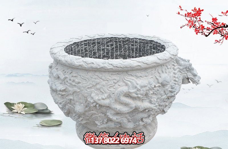 漢白玉石雕龍浮雕水缸雕塑，為庭院增添優(yōu)雅氣息