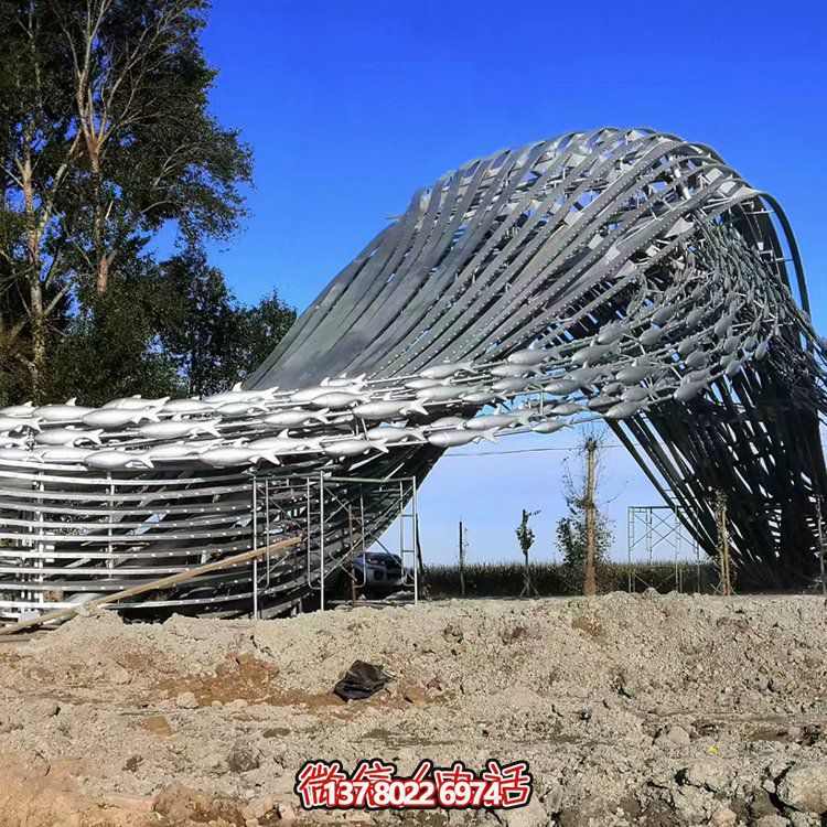 沖浪魚群、水波不銹鋼景觀雕塑