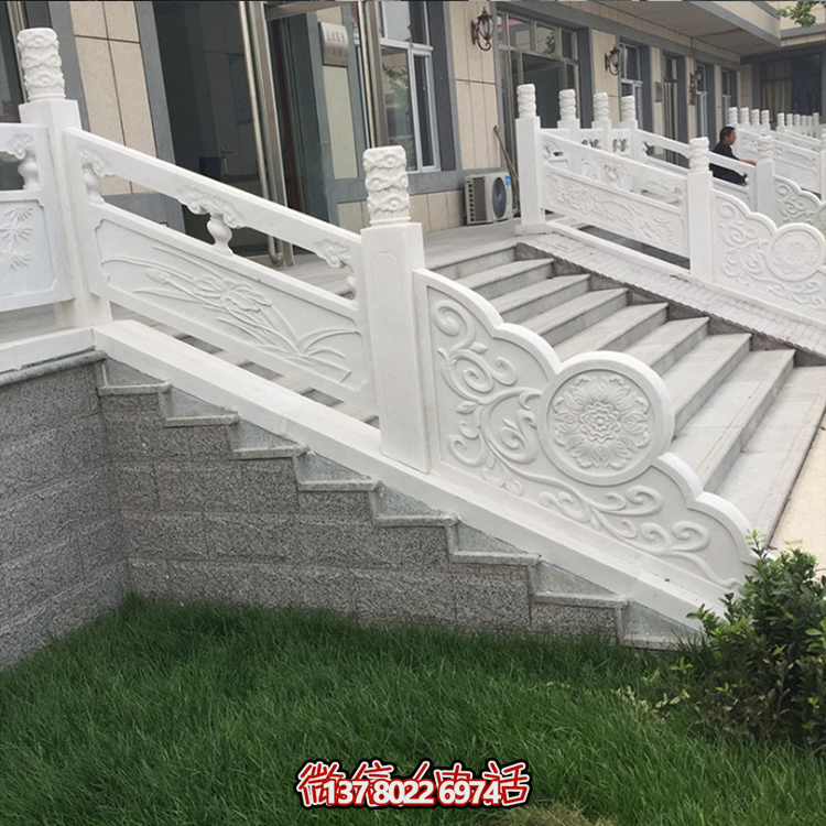園林樓梯步道漢白玉石欄桿，云柱刻花石雕欄板